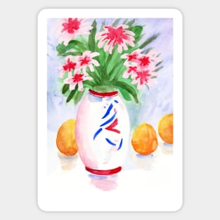 Red Flowers On a Vase. Watercolor Painting Sticker